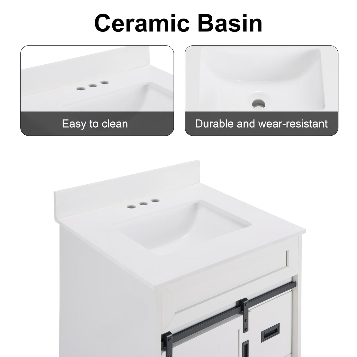 AOPNOMU 24’’ Inch White Bathroom Vanity Set - MDF+Metal Construction, with Sink,with Sliding Barn Doors and 2 Drawers, Freestanding Bathroom Vanities,White AOPNOMU