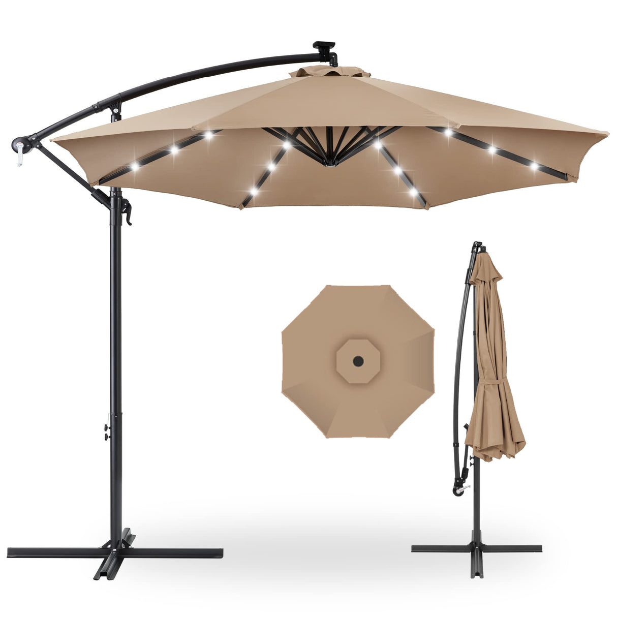 Best Choice Products 10ft Solar LED Offset Hanging Market Patio Umbrella for Backyard, Poolside, Lawn and Garden w/Easy Tilt Adjustment, Polyester Shade, 8 Ribs - Tan Best Choice Products
