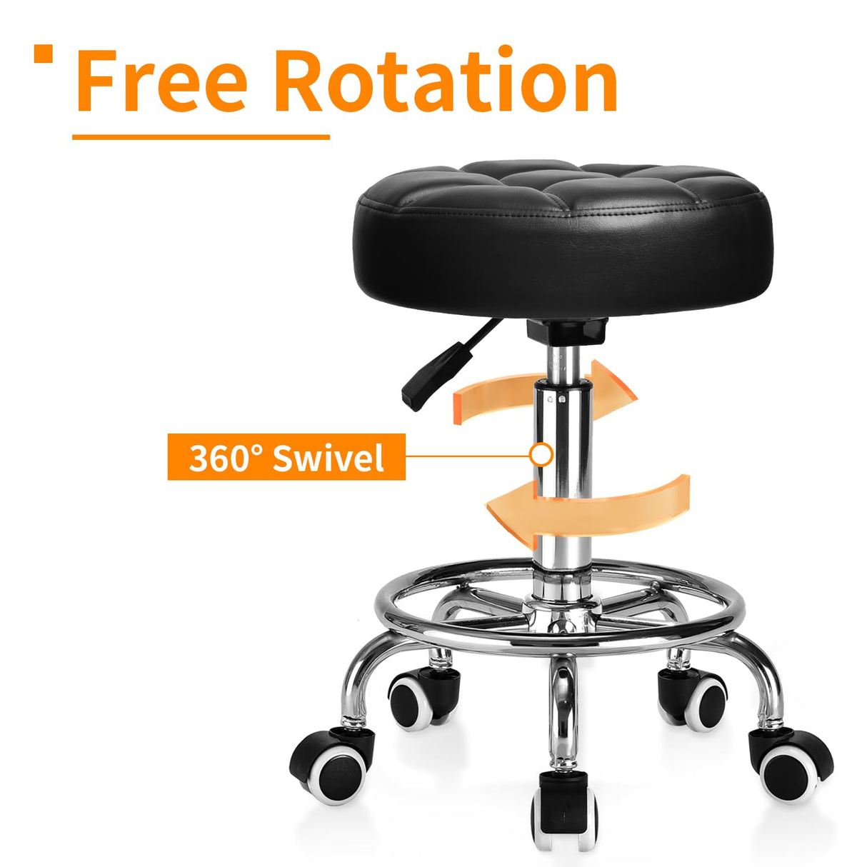 Rolling Stool PU Leather Round - Ultra Soft Padded Seat Cushion Stool with Wheels with Footrest, Weight Capacity 300lb,Adjustable Height Stool for Tattoo Massage Salon Medical Spa Center (Black1) YEEZEE
