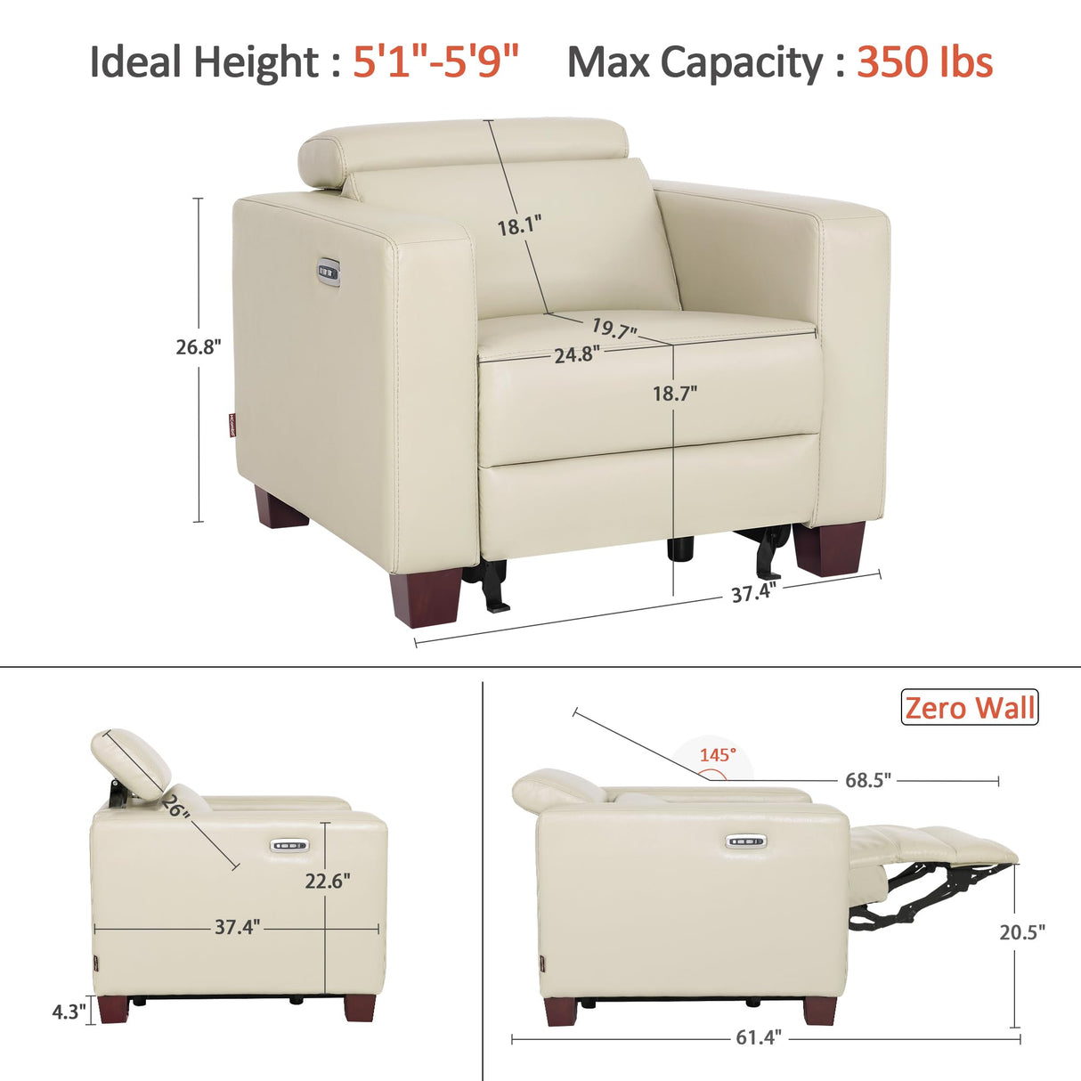 MCombo Zero Wall Recliner Chair, Wall Hugger Power Recliner Chair with Adjustable Headrest, High Wood Leg, USB & Type C Dual Charge Ports, for Living Room, Small Spaces, HL128 (Faux Leather, Beige) MCombo
