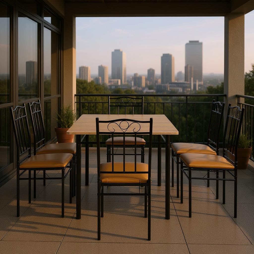 Homy Casa Outdoor Patio Dining Set, 7-Piece Table & Chairs, Wood Grain Top & Metal Frame, Ideal for Deck, Garden & Balcony Gatherings Homy Casa