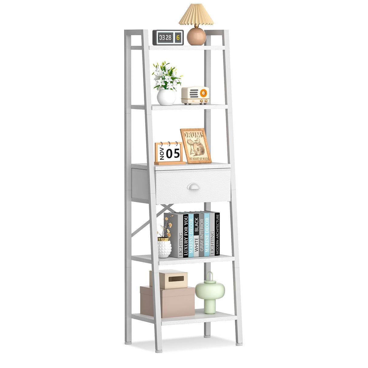 Furologee 5 Tier Bookshelf, Ladder Shelf with Drawer, Tall and Narrow Bookcase, Storage Shelves Organizer,Industrial Display Standing Units for Bathroom,Kitchen,Bedroom,Living Room,White Furologee