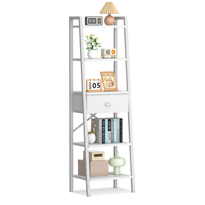 Furologee 5 Tier Bookshelf, Ladder Shelf with Drawer, Tall and Narrow Bookcase, Storage Shelves Organizer,Industrial Display Standing Units for Bathroom,Kitchen,Bedroom,Living Room,White