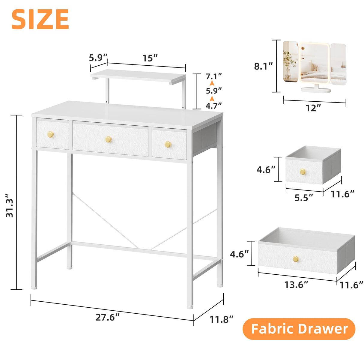 HIGDBFE Makeup Vanity Desk with Mirror and Lights & 3 Drawers, Small Vanity Desk with Height-Adjustable Stand, Vanity Table for Girls Gifts, Bedroom and Small Spaces, Fabric Drawer, 27.5'', White HIGDBFE