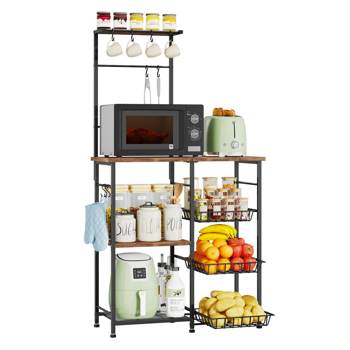 SWTYMIKI Bakers Rack with Storage - Coffee Bar Cabinet with Shelves, Coffee Station Organizer and Kitchen Stand with 8 Hooks, Baskets, Adjustable Feet for Kitchen Dining Room Pantry, Espresso SWTYMIKI