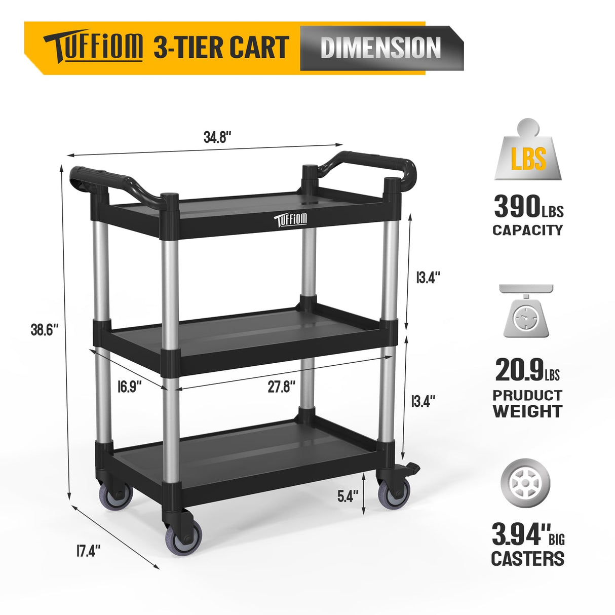 TUFFIOM 3-Tier Plastic Service Utility Cart with Wheels, Heavy Duty 390lbs Capacity, Commercial Rolling Ideal for Restaurant, Foodservice, Office, Warehouse, Black 34.8''L x 17.4''W x 38.6''H TUFFIOM