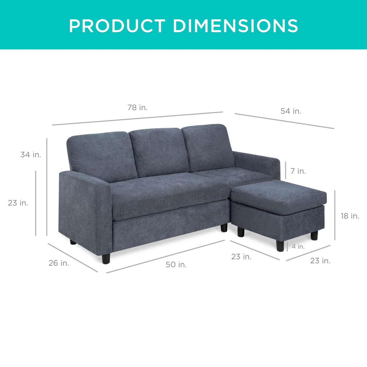Best Choice Products Upholstered Sectional Sofa for Home, Apartment, Dorm, Bonus Room, Compact Spaces w/Chaise Lounge, 3-Seat, L-Shape Design, Reversible Ottoman Bench, 680lb Capacity - Blue/Gray Best Choice Products