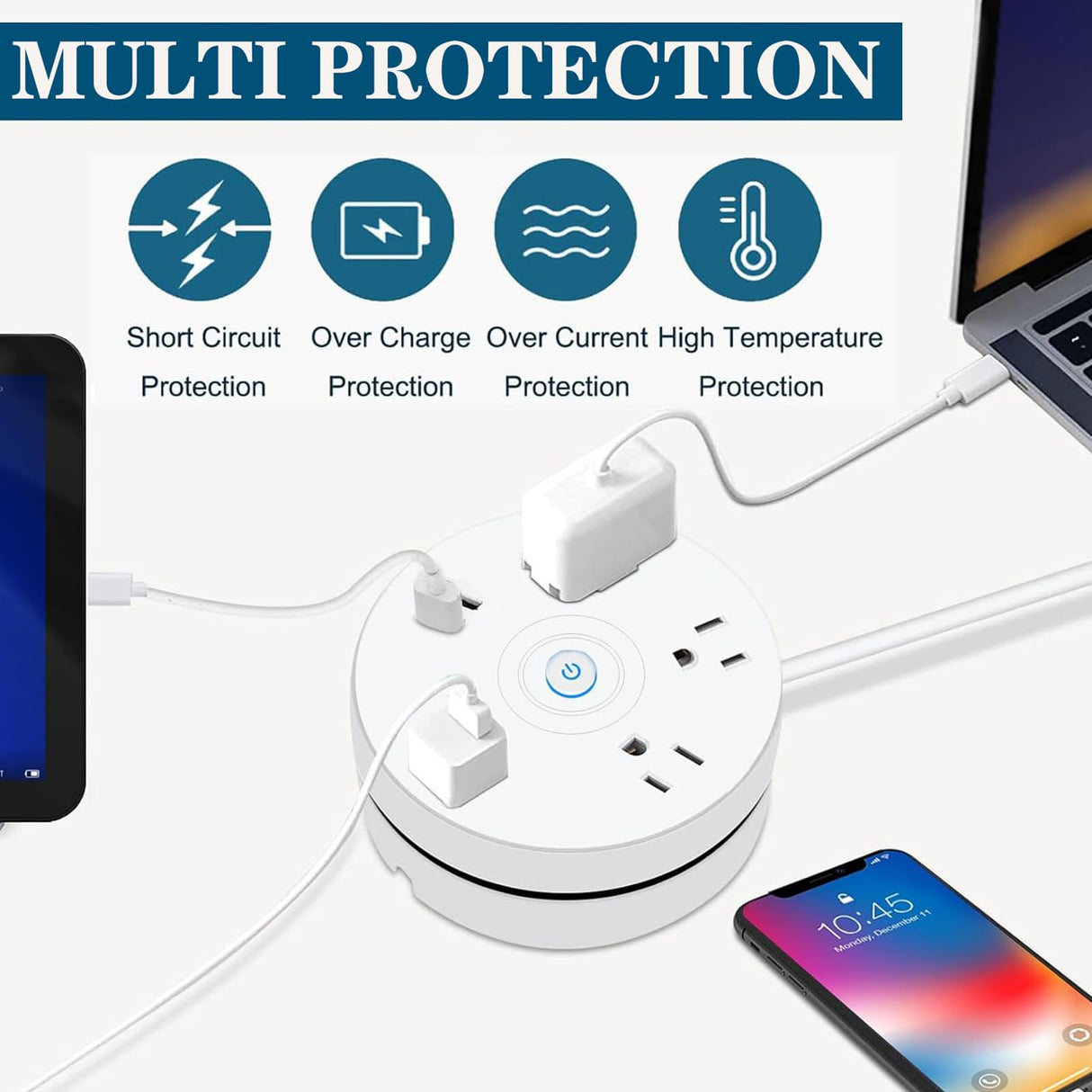 Retractable Power Strip, 6FT Extension Cord Power Strip Surge Protector with 4 Outlets 2 USB Ports and Hook Fast Charge, Portable Power Strip for Travel, Office, School, Hotel,Dorm Room Essentials HUAYUANDA