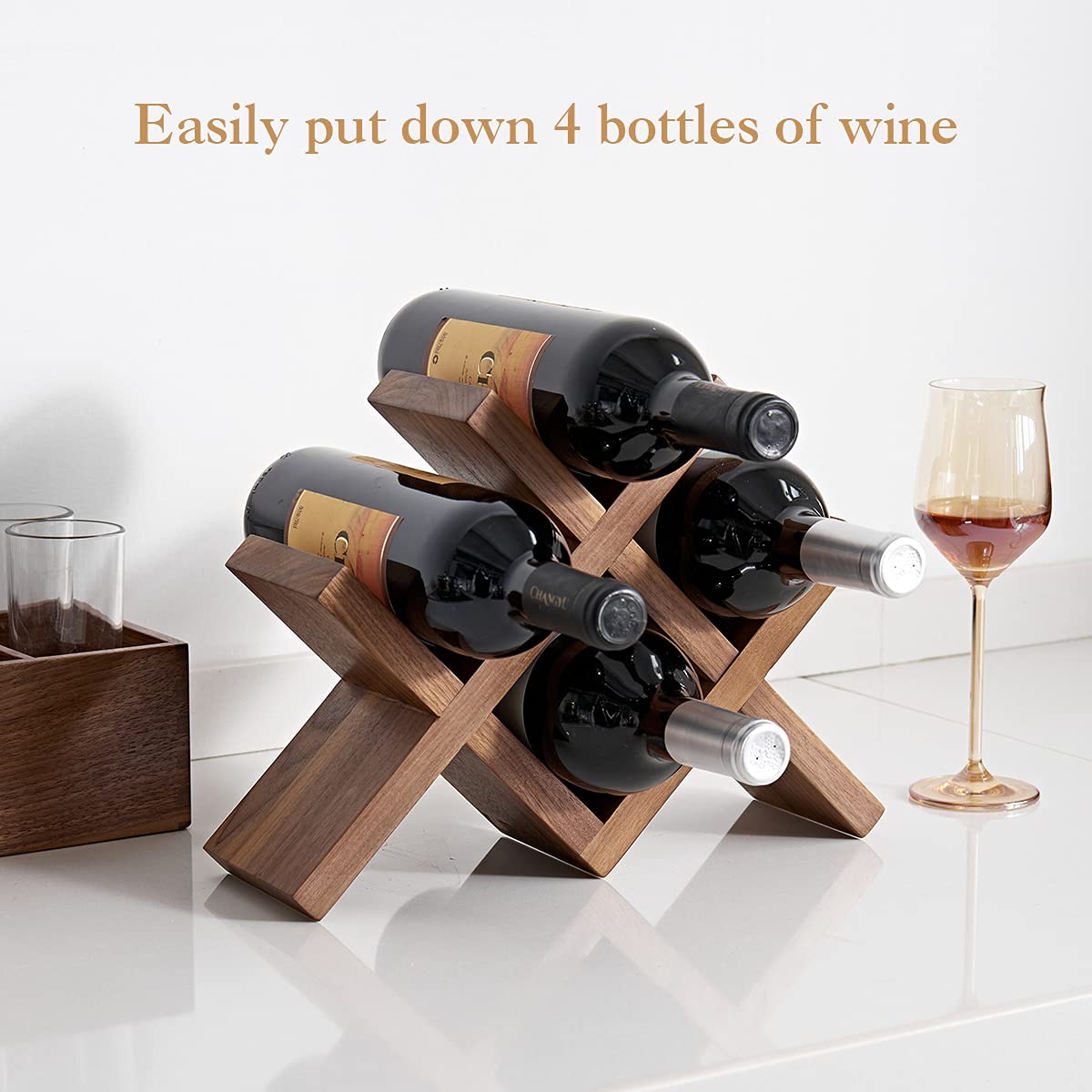 OAKERLAND Walnut Wood Wine Storage Rack Countertop, 4 Bottle Wine Rack Free Standing Wine Storage, Wine Shelf Organizer, Perfect for Home Décor and Wine Gifts, No Need Assembly (Walnut) OAKERLAND