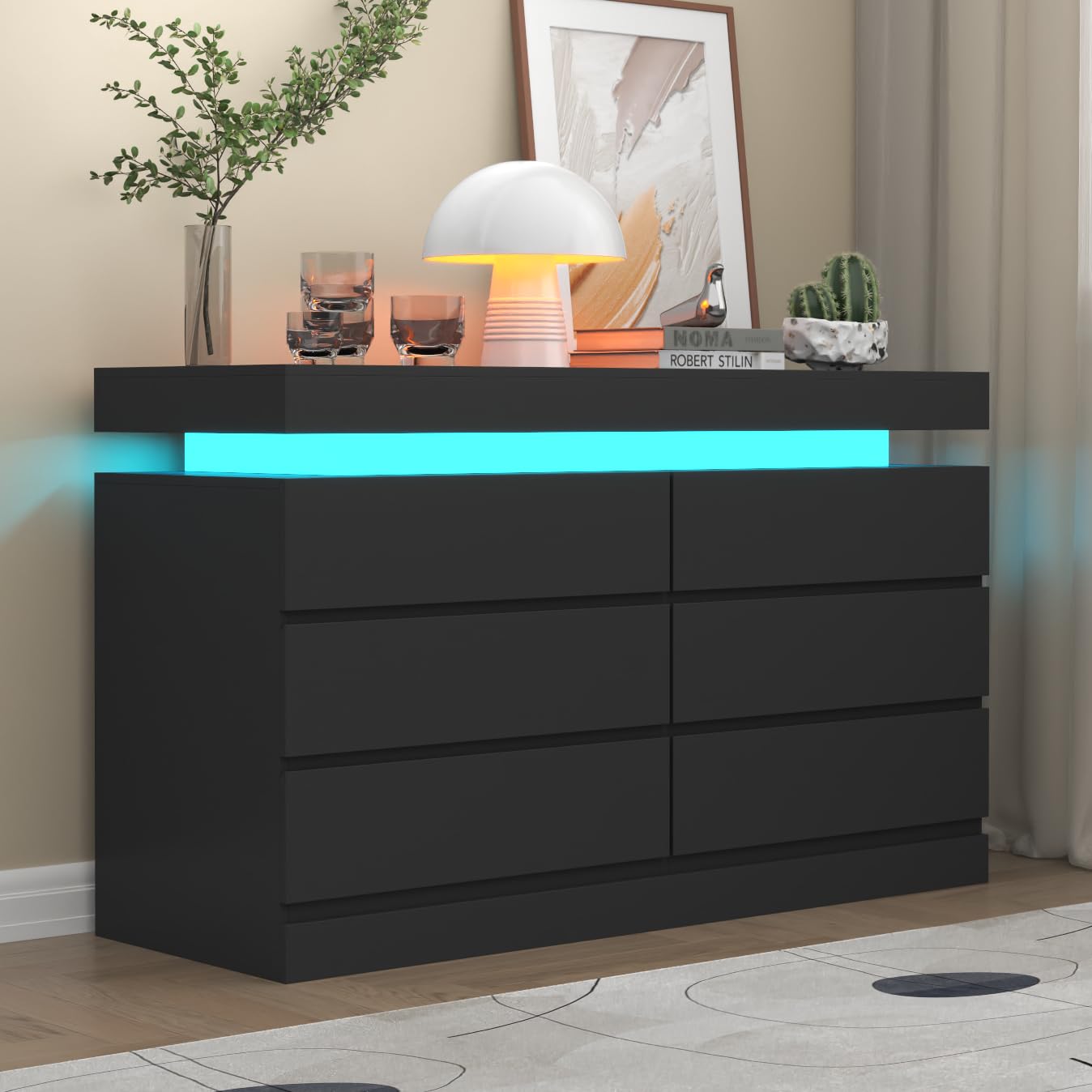 Gyfimoie 6 Drawer Dresser with Power Outlet, Black Dresser with LED Li –  WoodArtSupply