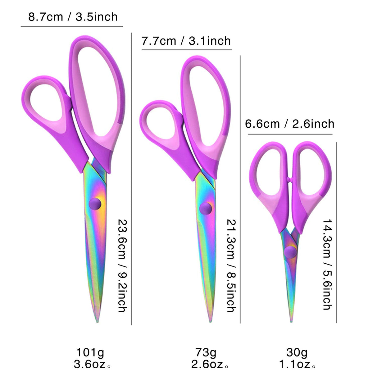 Craft Scissors Set of 3 Pack, All Purpose Sharp Titanium Blades Shears, Comfort Grip Handle, Multipurpose Fabric Scissors Tool Great for Adults, Office, Sewing, School and Home Supplies, Purple SCAIKTIG