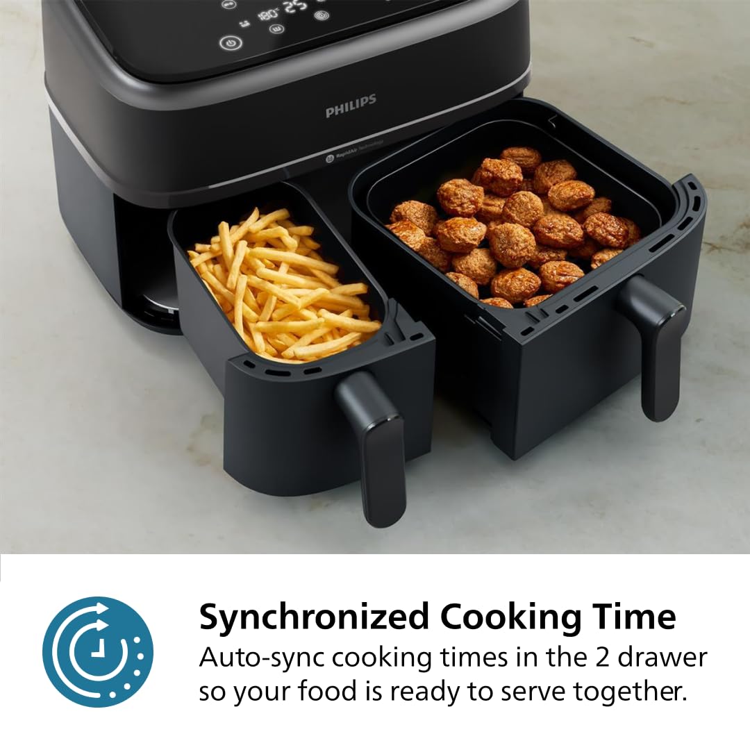 Philips Dual Basket Air Fryer 3000 Series, 8-in-1 functions, 9.5 Quarts, 2 Drawers, Auto-sync Cooking Time, 90% Less Fat, Rapid Air Technology, HomeID Recipe App, Dishwasher Safe, Black, (NA350/00) PHILIPS