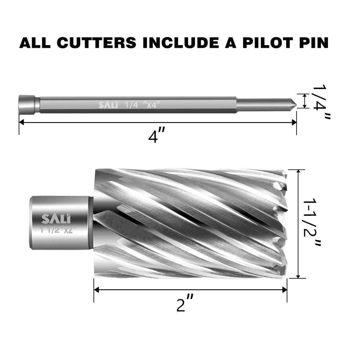 SALI Annular Cutter Diameter 1-1/2 Inch with Weldon Shank 3/4" (with 2 Flats) Cutting Depth 2" Mag Drill Bit for Magnetic Drill Press HSS Fully Ground Drill with One 1/4"*4" Pilot Pin SALI