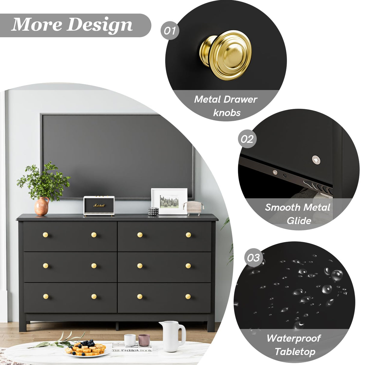 HOUROM Black Dresser, Modern 6 Drawer Double Dresser for Bedroom with Gold Knobs, Adults & Kids Wide Dressers & Chests of Drawers for Hallway, Entryway HOUROM