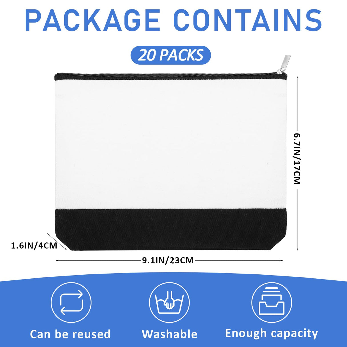 Inbagi 20 Pieces Blank Cosmetic Bags Canvas 9 x 6.9 Inch Sublimation Makeup Bags Bulk with Zipper Blank DIY Toiletry Pouch Canvas Travel Bag for Teachers Students School Travel Pen Pencil Storage Inbagi