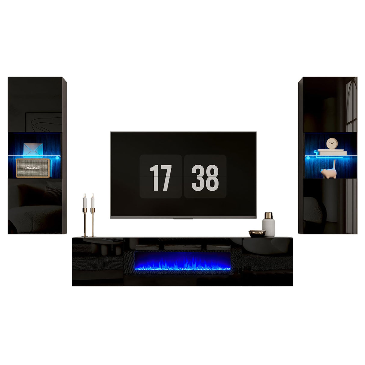 AMERLIFE Wall Unit Entertainment Center with 36" Electric Fireplace, Includes 68" Floating Fireplace TV Stand, 2 x Wall Cabinets, Modern LED Light Media Console Table for Living Room, Black/White AMERLIFE