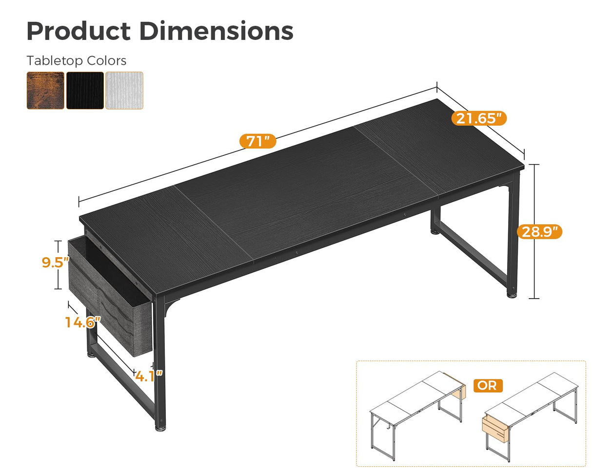 ODK 71 Inch Large Computer Desk Home Office Desk, Long Modern PC Desk Work Table with Headphone Hook & Fabric Bag for Storage, Spliced Board, Black ODK