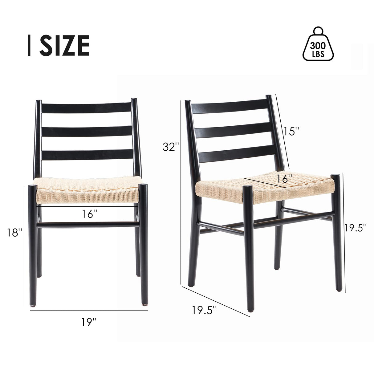 STARY Wood Rattan Dining Room Chairs Comfortable Woven Seat, Fully Assembled, New Black - Set of 2 STARY