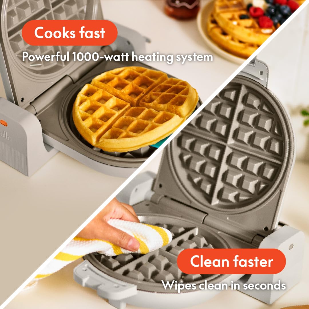 bella Flip-n-Store Waffle Maker with EverGood™ Ceramic Nonstick Coating, Fits-anywhere™ Kitchenware, Power Indicator Light, Cool Touch Handle & Cord Wrap, 7” Wide & 1" Deep Plates, 1000 Watt, Oatmilk BELLA