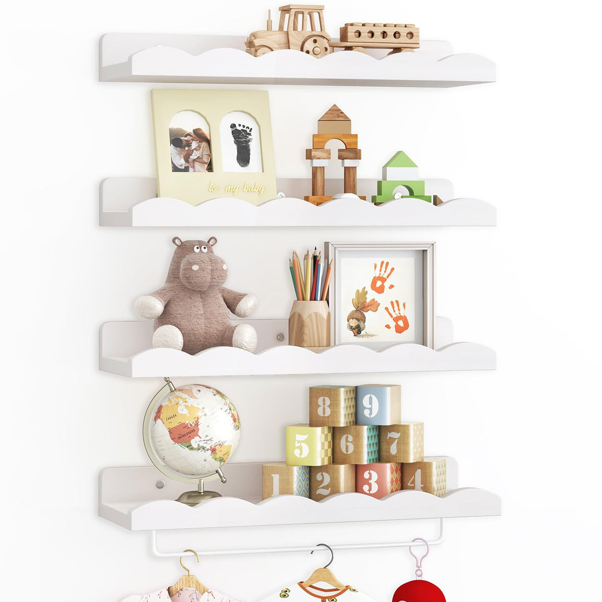 Fixwal Nursery Shelves, 16.5 Inch Floating Bookshelves for Wall Set of 4, Scalloped Wall Book Shelves with Towel Rack for Kids, Toddler Room, Baby Room, Nursery Decor and Storage(White) Fixwal