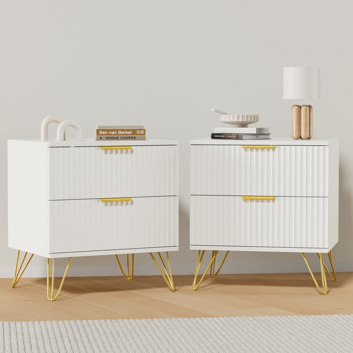 NOVAMAISON White Nightstand Set of 2, Modern Night Stand Bedside Table with 2 Storage Drawer, Bed Side End Table with Golden Handles and Legs for Bedroom, White NOVAMAISON