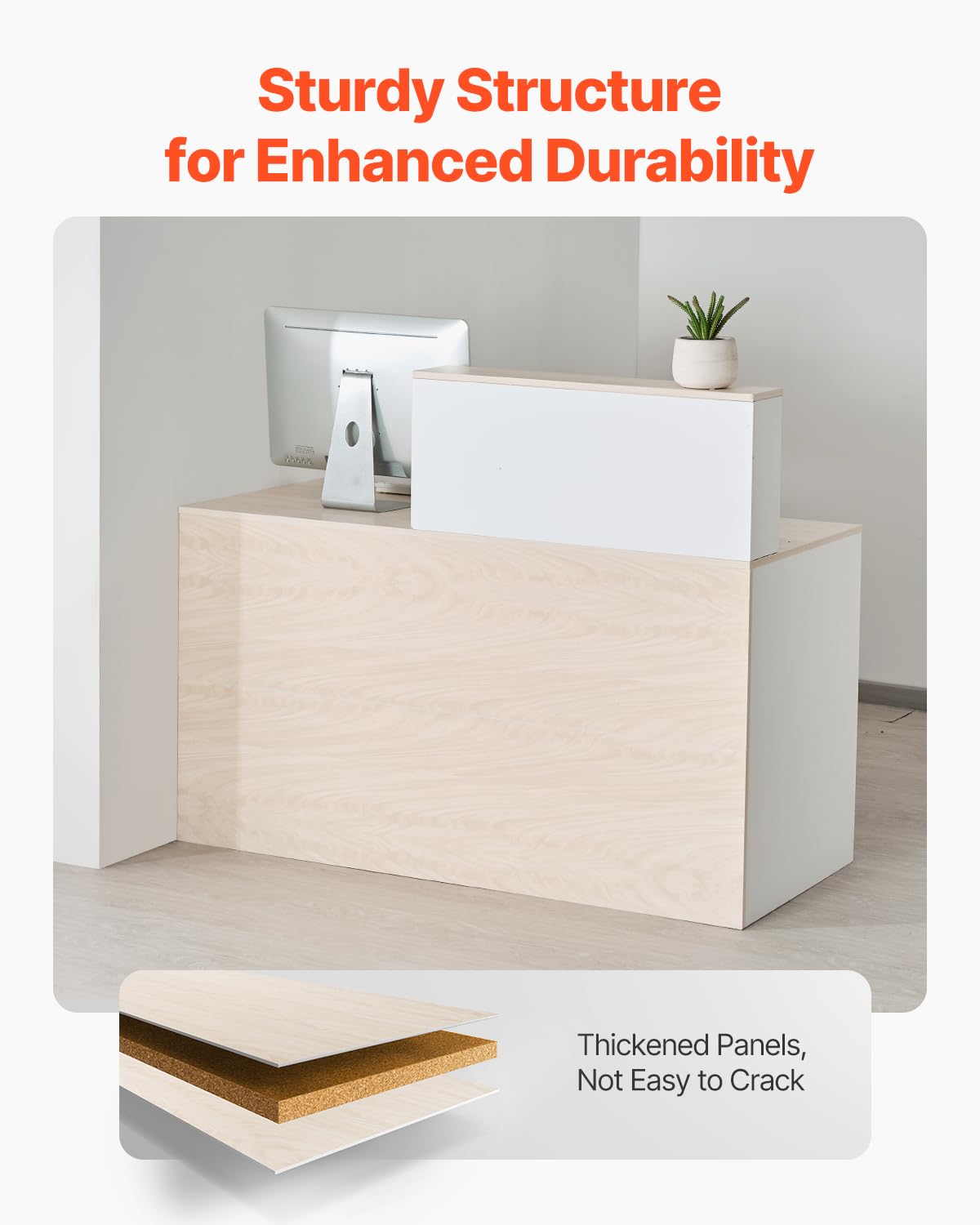 VEVOR Reception Desk, 55 Inch Rectangular Front Counter Table, Office Reception Counter with Lockable Drawer and Storage Cabinet, for Checkout, Lobby, Beauty Salon and Office, Natural VEVOR