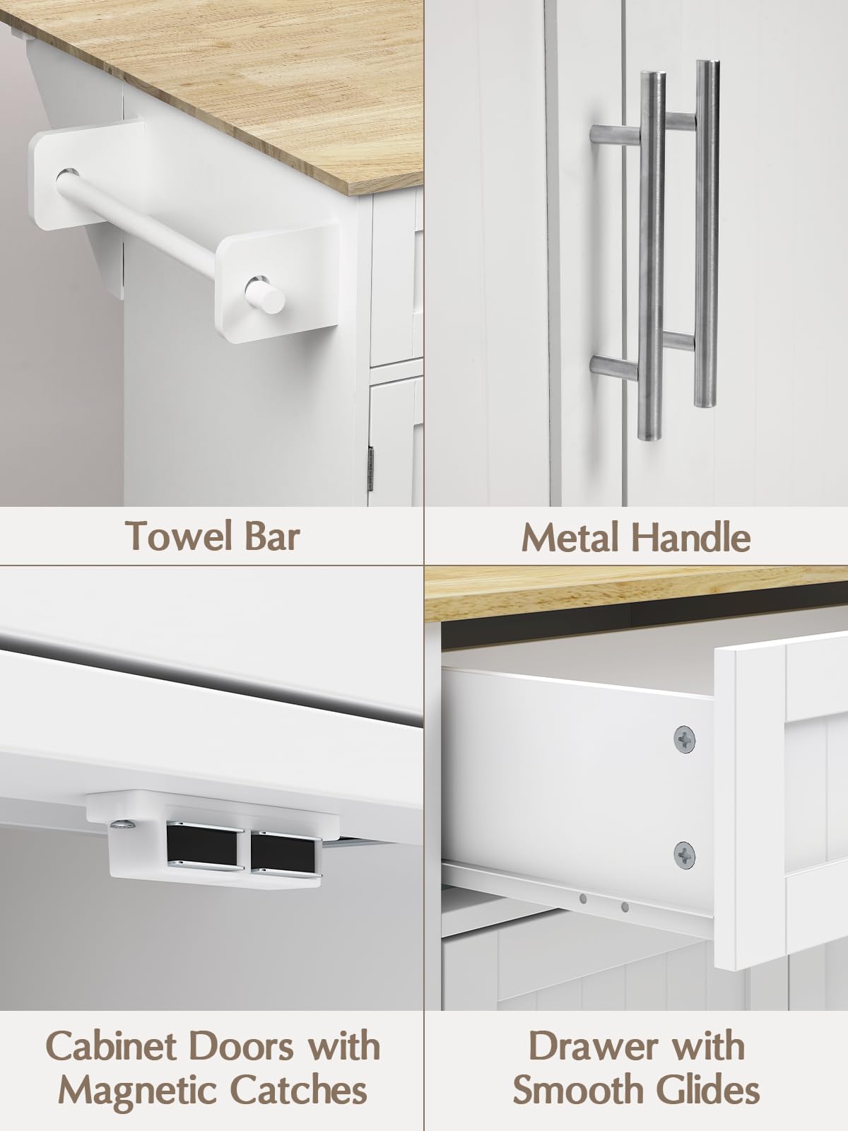 OtterOasis Kitchen Island with Storage, 31.5" D Rolling Kitchen Island Cart on Wheels with Widen Drop Leaf Rubberwood Top, Large Mobile Kitchen Island with Trash Can Storage and Towel Bar, White OtterOasis