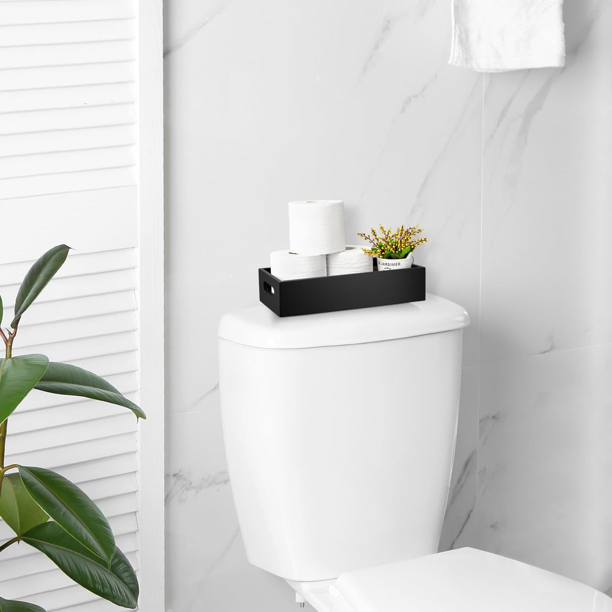 ALELION Black Bathroom Basket - Wooden Toilet Tank Paper Basket with Handle for Organizing - Back of Toilet Storage Organizer for Bathroom Tank Topper Counter - Black Bathroom Decor Box ALELION