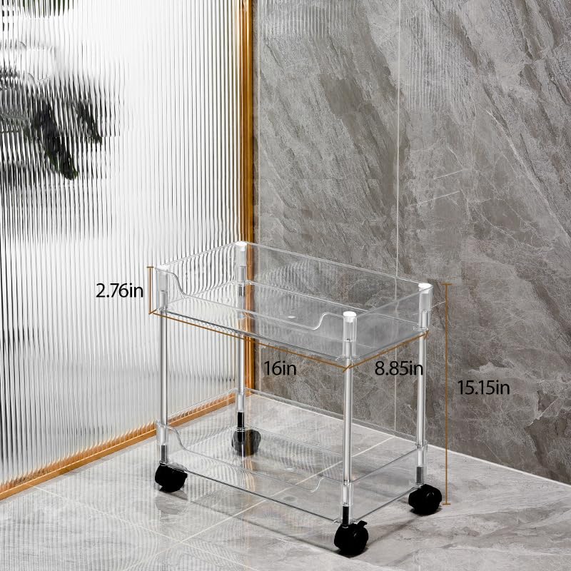 Betoveren 2 Tier Utility Rolling Cart Storage Organizer with Wheels Under Desk Mobile Bathroom Cart Organizer for Office Bathroom Home Kitchen Organization Transparent (Width 8.85 Inches) Betoveren