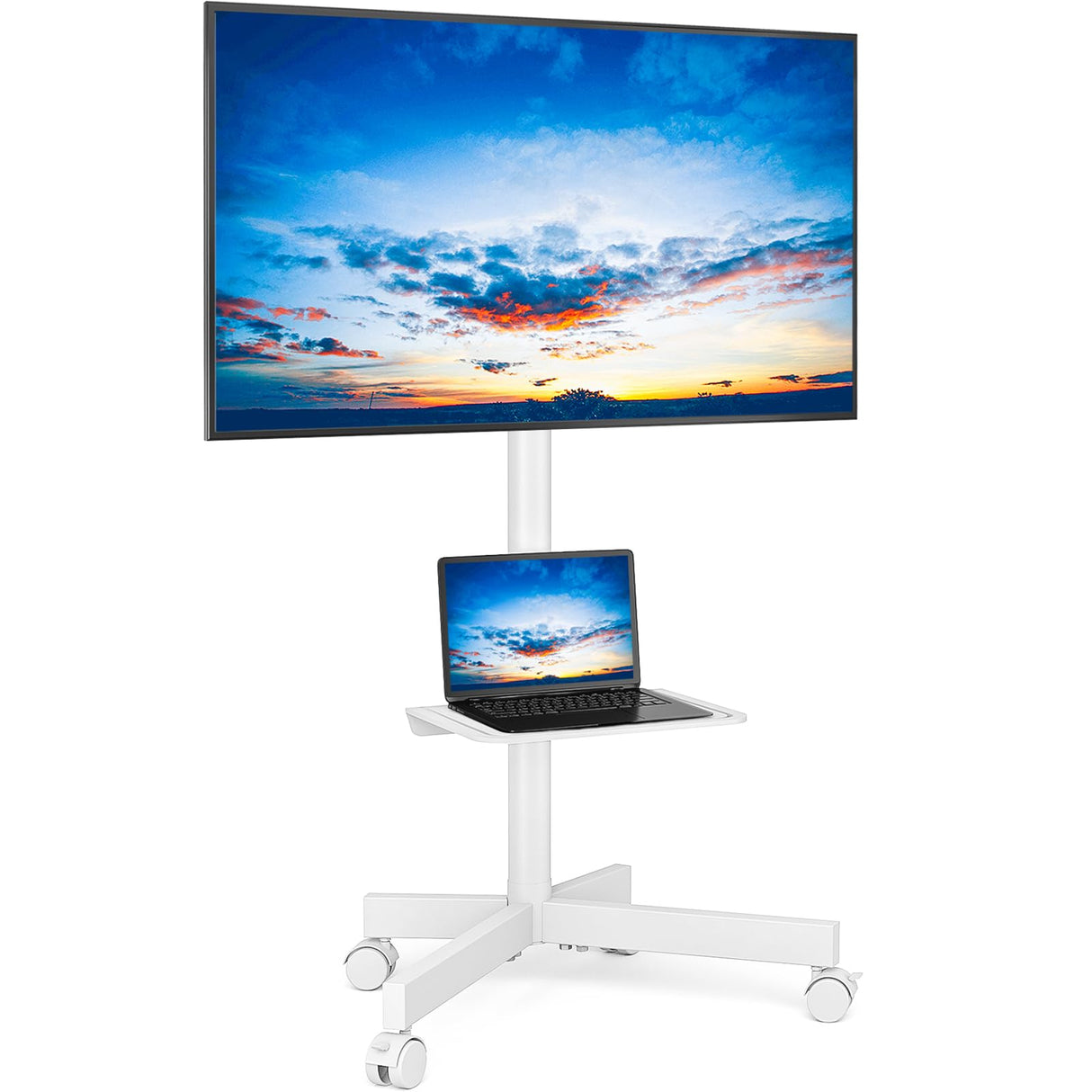 Rfiver Mobile TV Stand for 23-60 Inch LCD LED Flat/Curved Panel Screen TVs up to 88 lbs, Rolling TV Stand with Adjustable Shelf & Tilt, Portable Floor Stand on Wheels for Bedroom, Living Room, White Rfiver