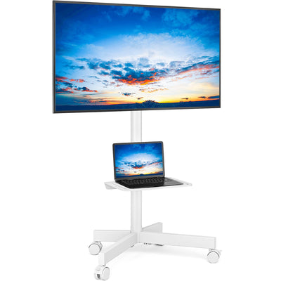 Rfiver Mobile TV Stand for 23-60 Inch LCD LED Flat/Curved Panel Screen TVs up to 88 lbs, Rolling TV Stand with Adjustable Shelf & Tilt, Portable Floor Stand on Wheels for Bedroom, Living Room, White