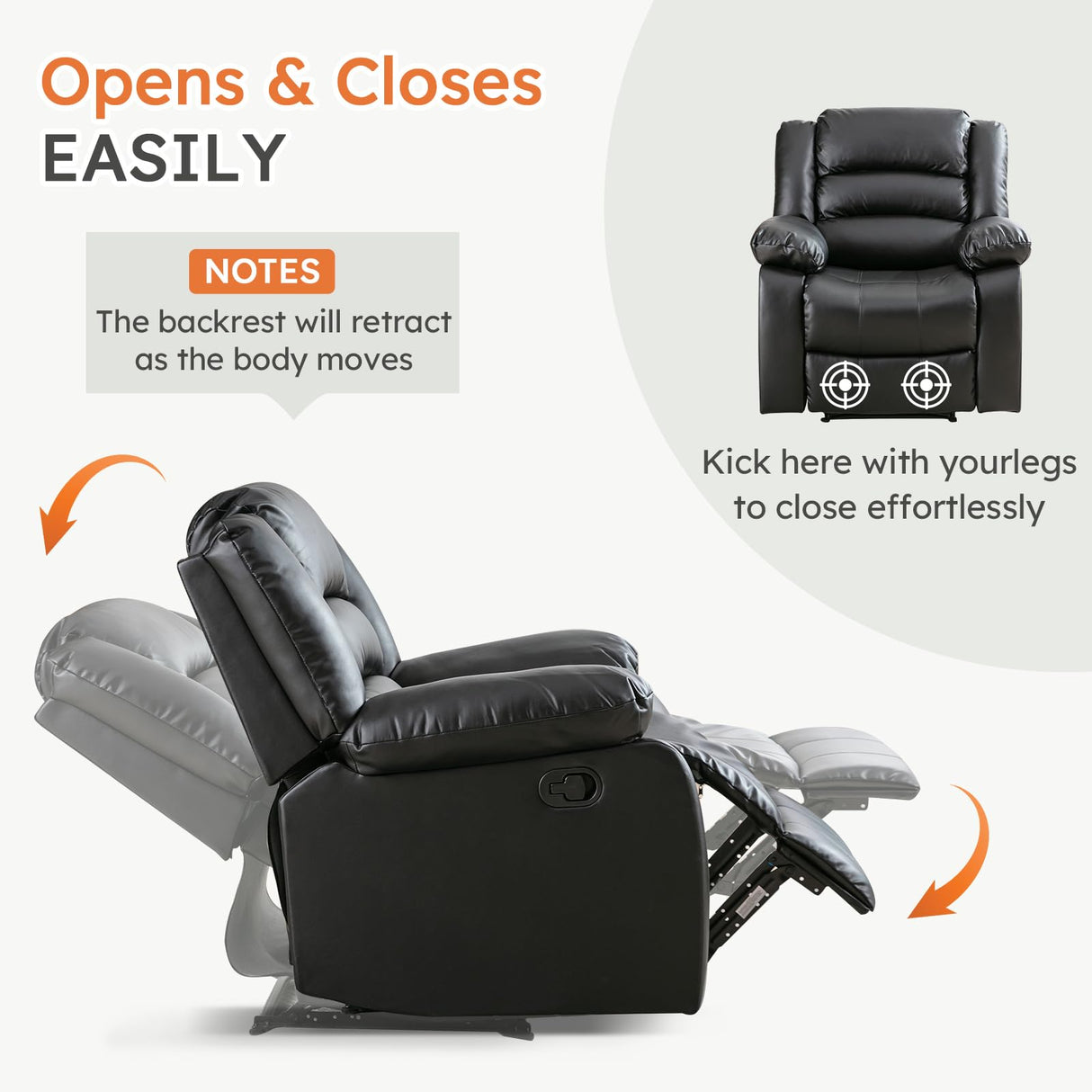 ANJ Traditional Recliner Chair, Breathable PU Leather, Extra Wide Manual Recliner with Overstuffed Arm and Back, Single Sofa Chair for Living Room, Bedroom (Black) ANJ