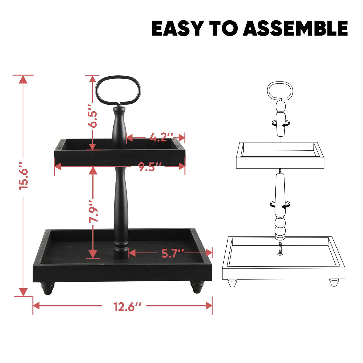 Tiered Tray Stand, Rustic Wooden 2 Tier Decorative Tray with Bead Garland, Farmhouse Square Wood Serving Tray Counter Centerpiece for Coffee Bar Home Decor Holiday Holloween Housewarming Gifts (Black) SYNCVIBE