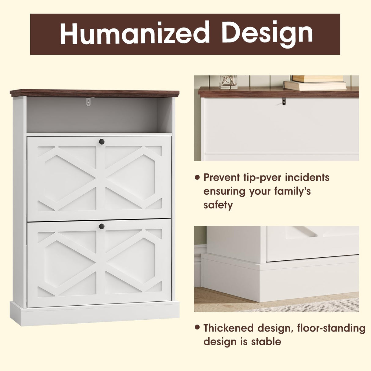 Maupvit Shoe Cabinet with 2 Flip Drawers, Shoe Storage Cabinet for Entryway, Freestanding Shoe Organizer with Open Storage, Farmhouse Narrow Shoe Rack with Wooden Legs for Foyer, Hallway,Antique White Maupvit