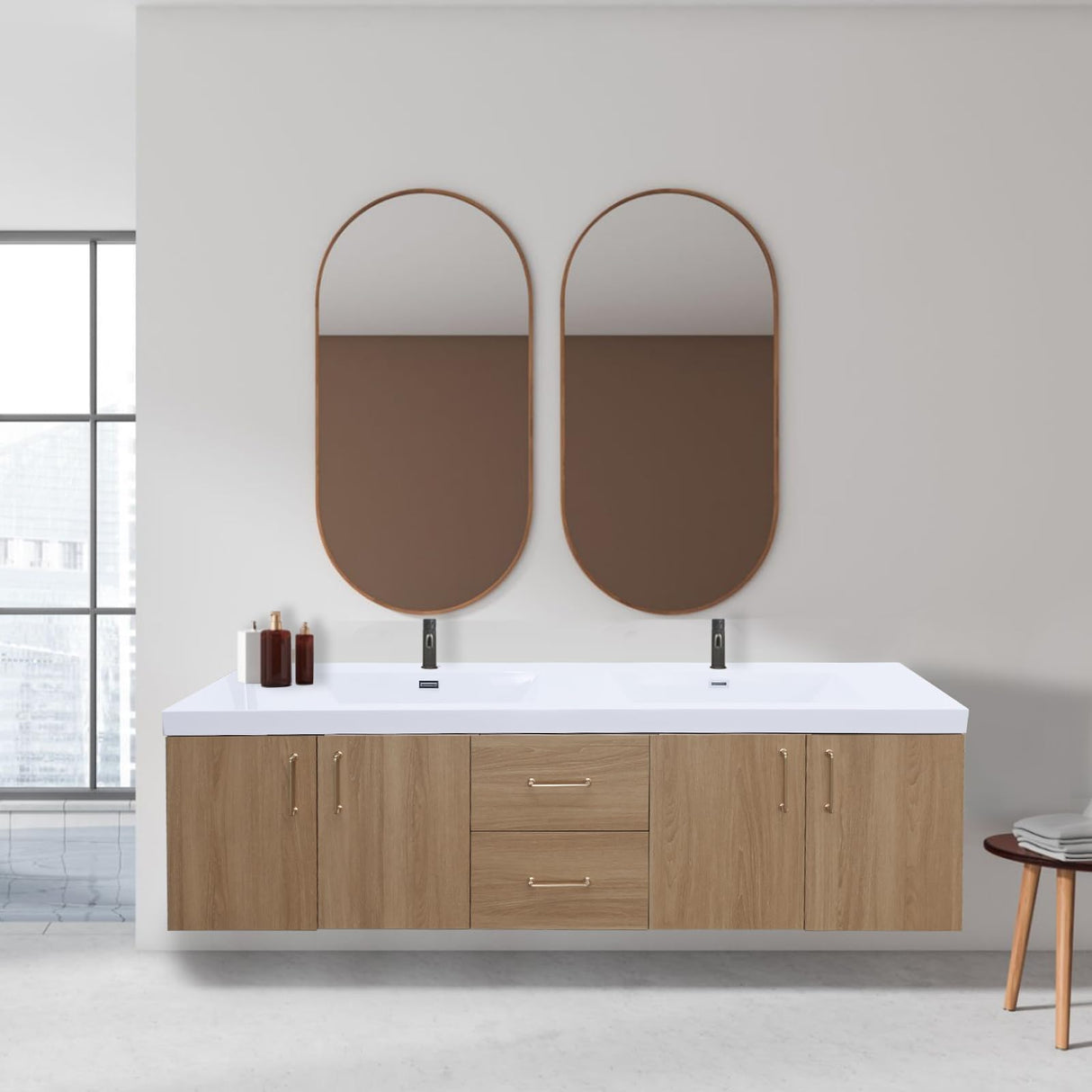 Dornberg 72" Floating Bathroom Vanity with Sink, Natural Oak Wall Mounted Bathroom Vanity with Integrated Double Sinks Combo, Single Sink Bath Vanity Set, Full Assembled Dornberg