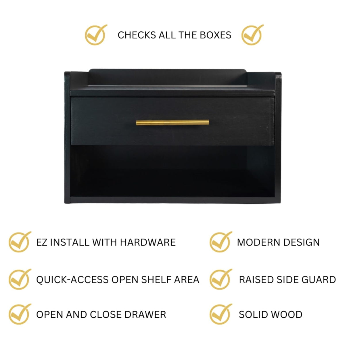 TSG Modern Floating Nightstand with Drawer, Black Wood Finish, Modern Night Stand with Gold Hardware, Enclosed Drawer and Open Shelf, Easy Assembly & Install, Strong Bamboo with Top Shelf Edge Guard TSG Modern