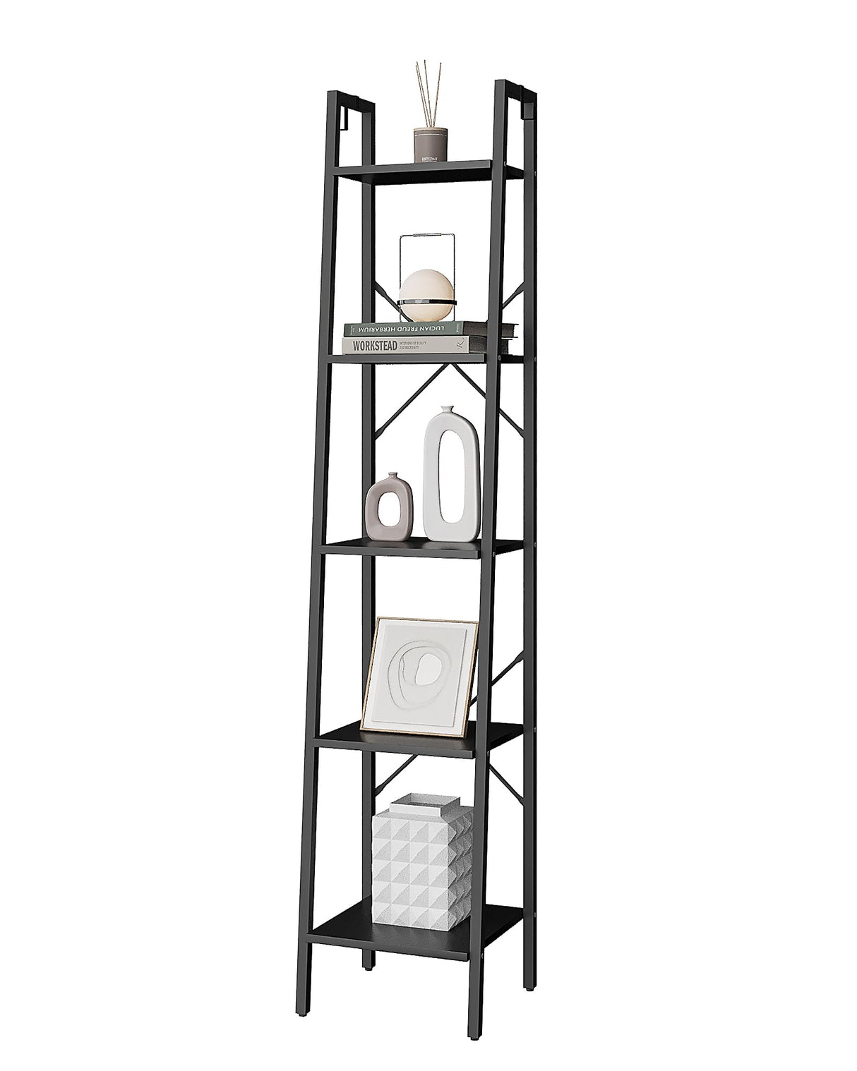 Hzuaneri Ladder Shelf, Bookshelf Bookcase, Freestanding Corner Storage Shelve with 2 Hooks for Home Office, Living Room, Kitchen, Bedroom, Industrial, 5-Tier Black BC03204B Hzuaneri