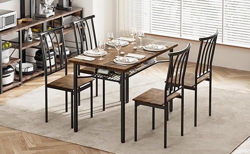 SLEKVERSA Rustic Wooden Dining Table Set for 4, 4-Piece Farmhouse Kitchen Table with 1.18" Thickened Tabletop, Chairs & Adjustable Legs, Space-Saving Dining Furniture for Apartment & Small Spaces, Ret SLEKVERSA