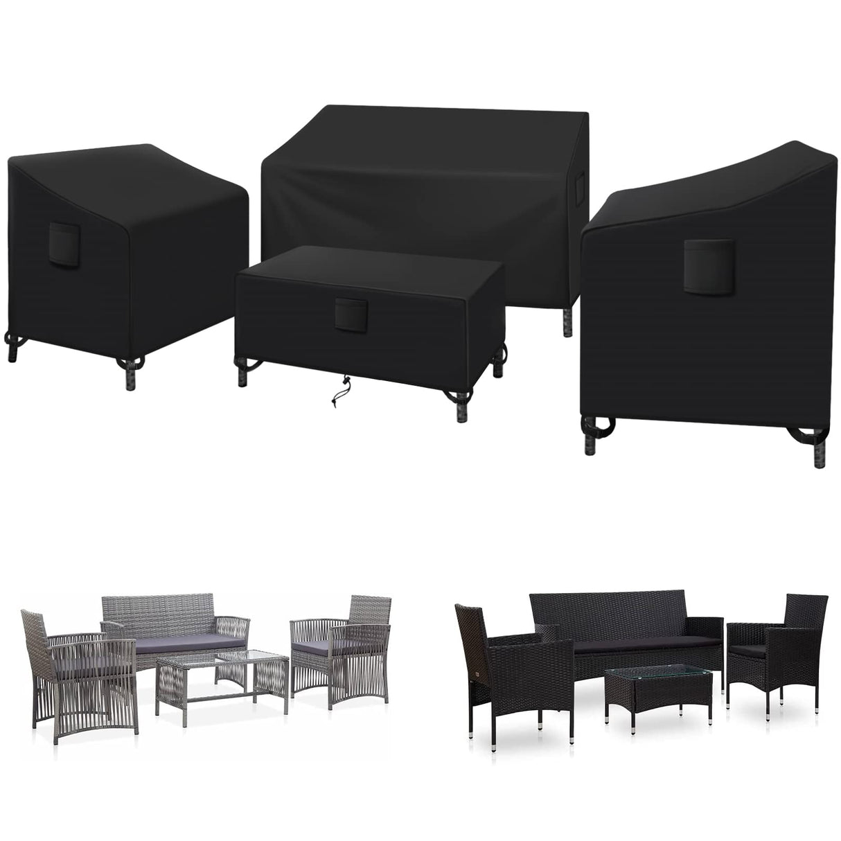 Kovshuiwe Patio Furniture Covers,4-Piece Outdoor Veranda Patio Garden Furniture Covers Set Waterproof - Upgraded 420D Heavy Duty Oxford Fabric Rattan Furniture Cover for Chair Sofa(Black) Kovshuiwe