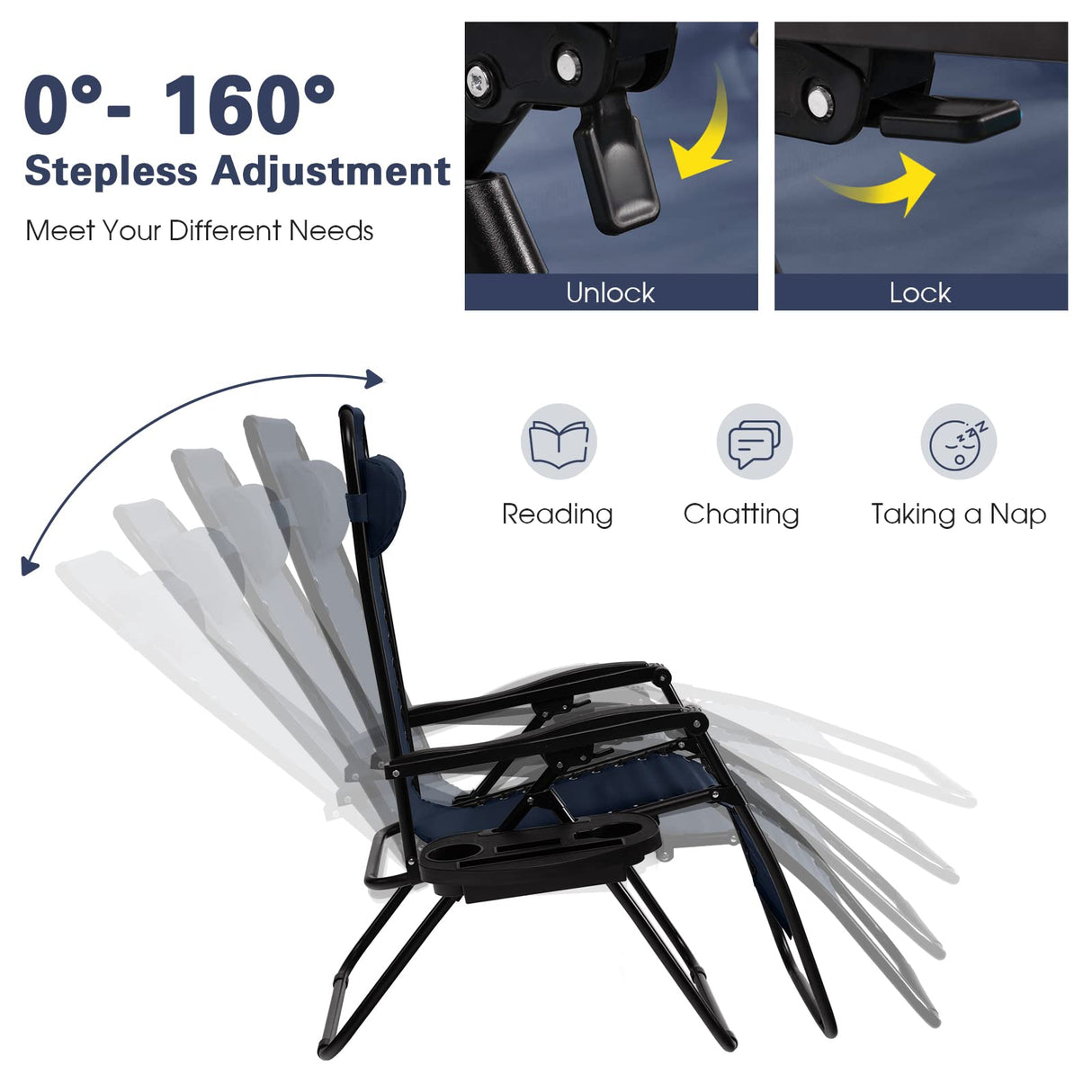 Goplus Zero Gravity Lounge Chairs, 160°Adjustable Folding Recliner w/Pillow and Cup Holder, 350LBS Comfy Outdoor Lounge Chairs for Patio, Lawn, Yard & Camp(Set of 2, Navy) Goplus