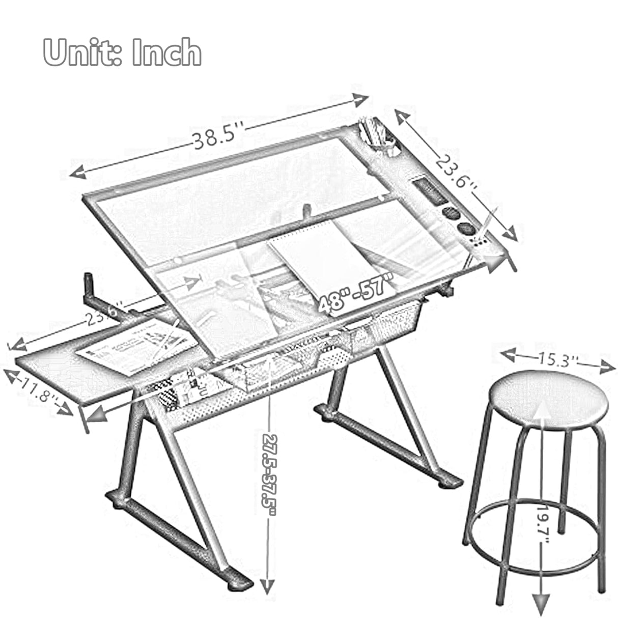 Roockky Drafting Table, 0-75° Tilting Glass Tabletop Drawing Table with Stool - Adjustable Height Art Desk with Multi-Storage for Sketching and Painting - Perfect for Artists and Hobbyists, White Roockky