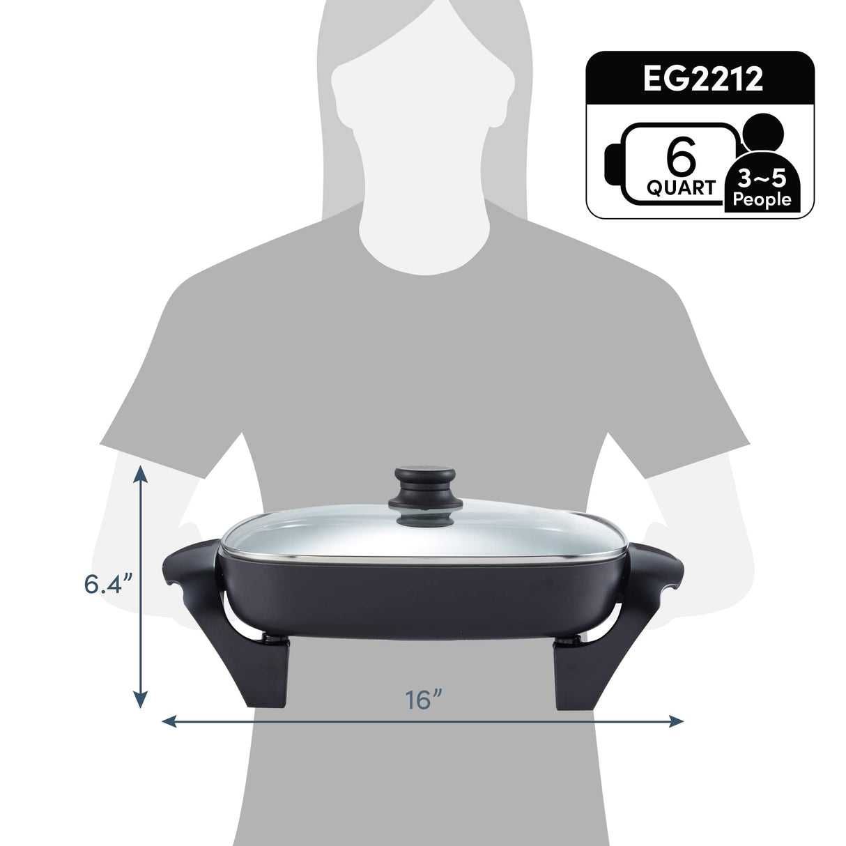 Elite Gourmet EG2212 12"x12"x2.15” Ceralast™ PFAS Free Ceramic Electric Skillet, Dishwasher Safe, Rapid Heat Up, 1200W, Dark Grey Elite Gourmet