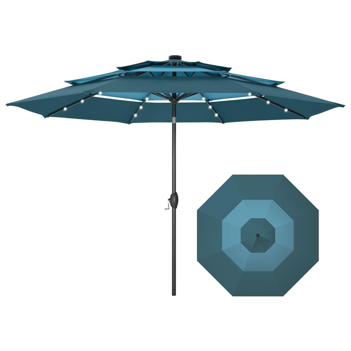 PHI VILLA 10ft Patio Umbrella with Solar Lights, Outdoor 3 Tier Vented Large Market Table Umbrella with 8 Sturdy Ribs and 1.5" Umbrellla Pole for Lawn Poolside Garden Terrace, Peacock Blue & Cerulean PHI VILLA