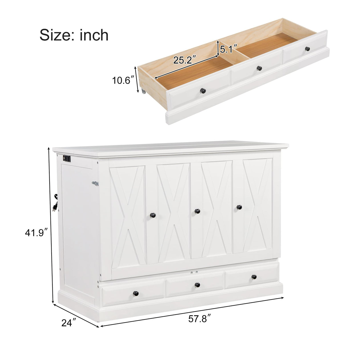 Harper & Bright Designs Full Size Murphy Bed, Solid Pine Wood Farmhouse Full Murphy Bed Frame Chest Cube Cabinet with Charging Station and Large Drawer for Home Office or Small Room, White Harper & Bright Designs
