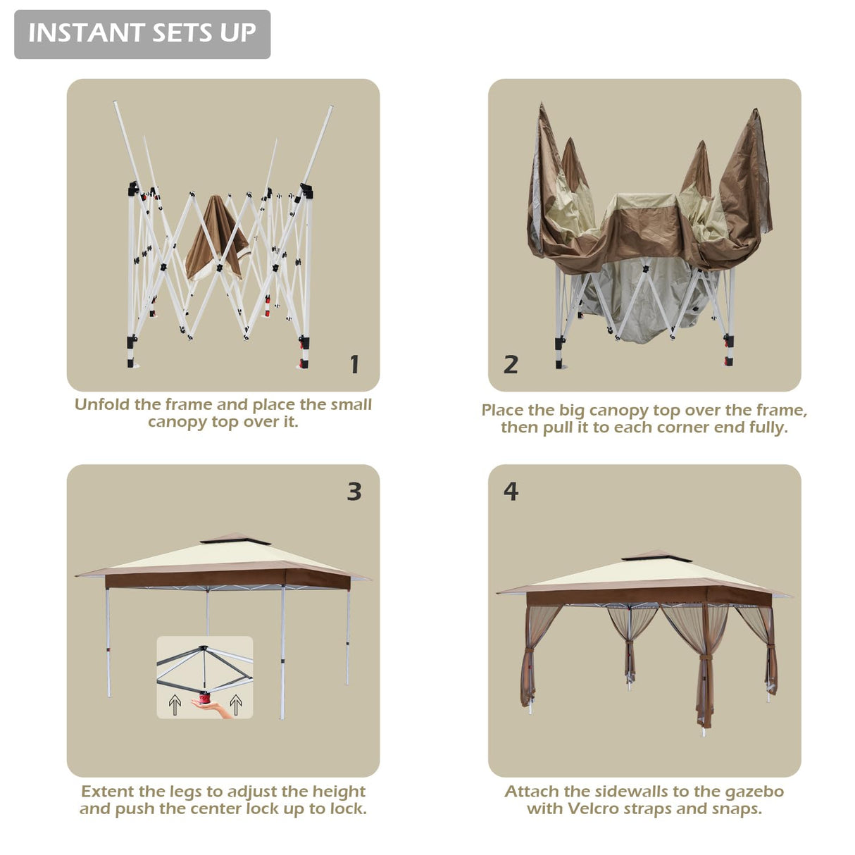 OUTFINE 12'x12' Gazebo Outdoor Pop up Canopy Tent with Curtains and Shelter for Patio, Party & Backyard (Khaki) OUTFINE