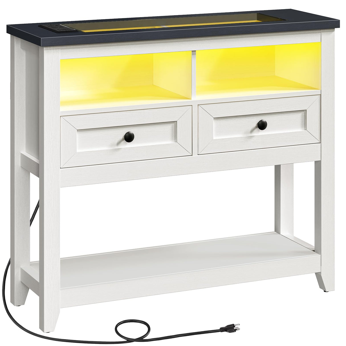 RALGEND Farmhouse Console Table with Charging Station and LED Strip, Entryway Table with 2 Drawers, Sofa Table with Storage, for Entryway, Living Room, Hallway, White and Ink Blue RALGEND