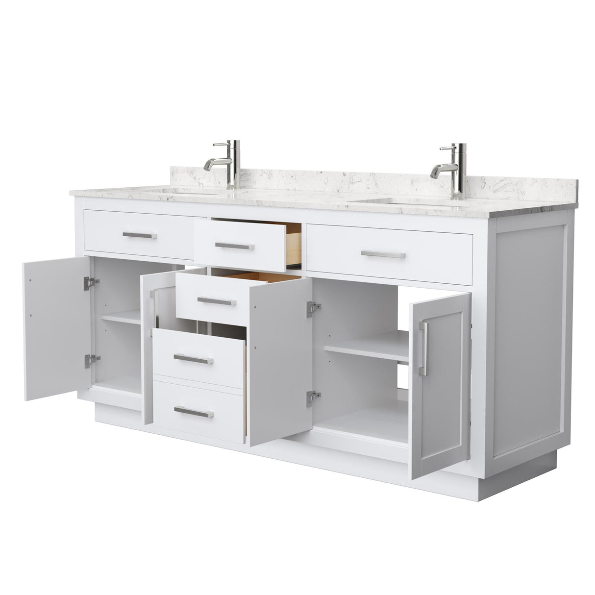 Wyndham Collection Beckett 72 Inch Double Bathroom Vanity with Toe Kick in White, Carrara Cultured Marble Countertop, Undermount Square Sinks, Brushed Nickel Trim Wyndham Collection