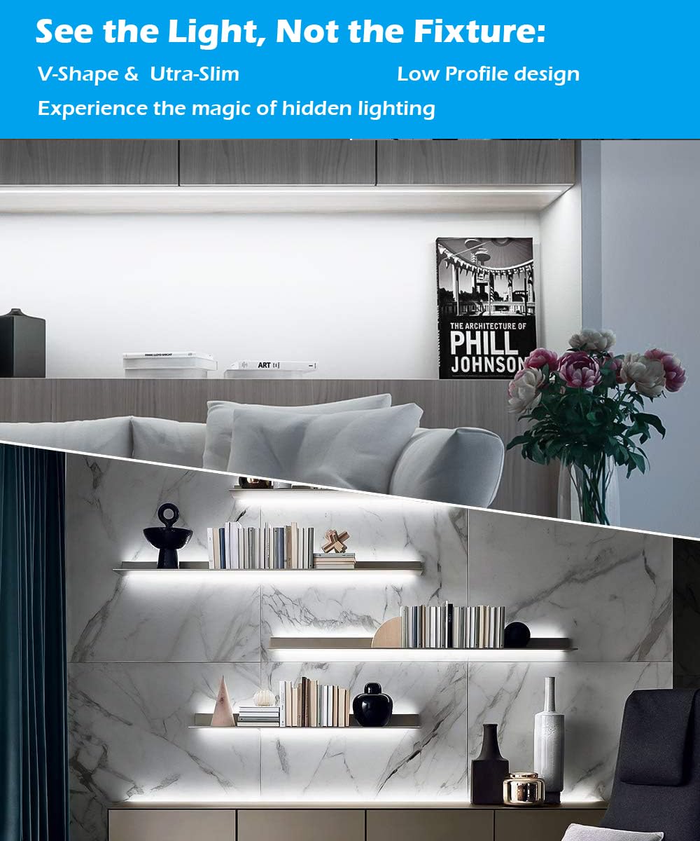 Cefrank V-Shape Under Cabinet Lighting Kit - 4pcs Sleeker 12" Dimmable LED Light Bars for Showcase Shelf Seamless Illumination - 1200lm, 12W - Pure White (6000K) Cefrank