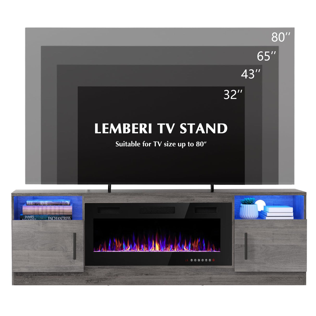 LEMBERI Fireplace tv Stand with 36 inch Fireplace Up to 80" TVs,LED Light Entertainment Center and Storage, 70" Modern Wood Media TV Console with Highlight Cabinet for Living Room (Gray) LEMBERI