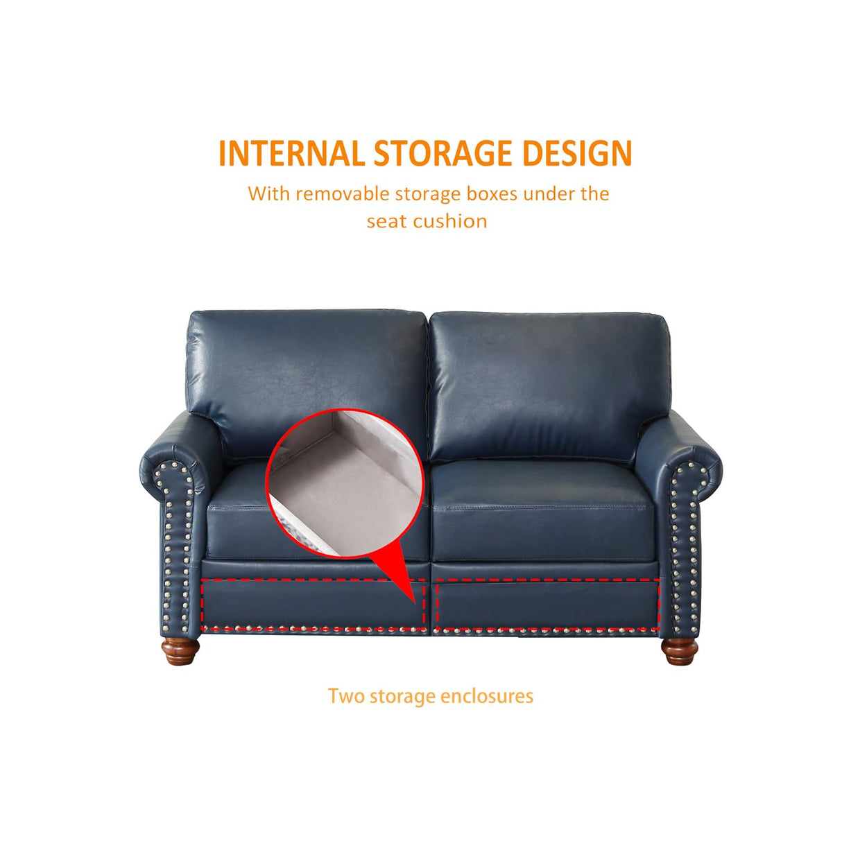 Harper & Bright Designs Faux Leather 2-Seat Loveseat Couch with Hidden Storage Under Seat, Nailhead Trim, Solid Wood Legs, Classical Sofa for Living Room, Office, Apartment, Navy Blue Harper & Bright Designs